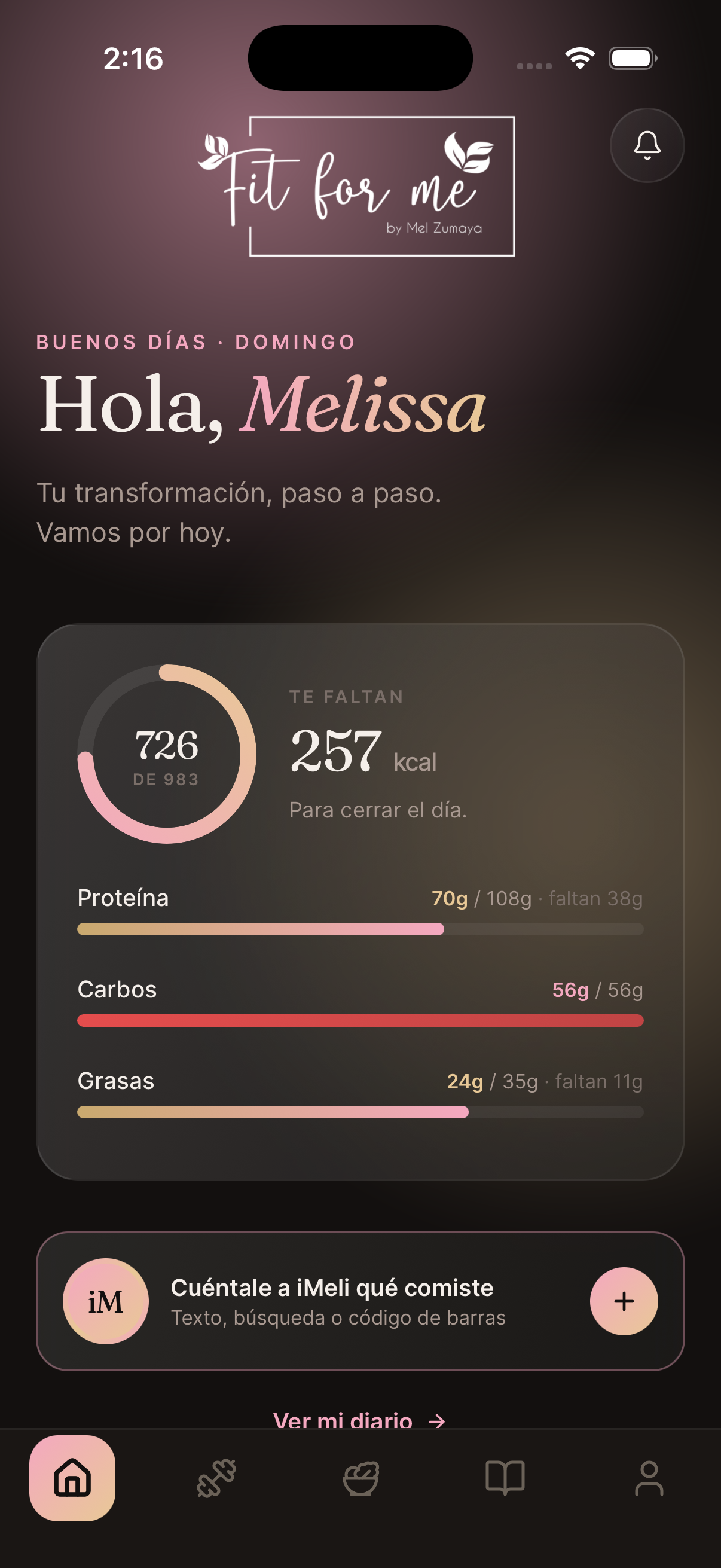 App FitForMe — Pantalla principal con anillo de calorías